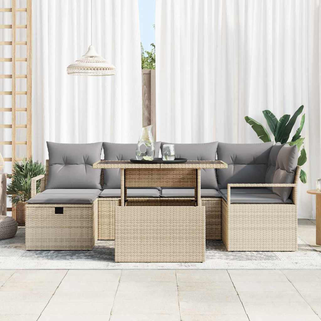 vidaXL 7-delige ligbedset met kussens in beige van poly rattan