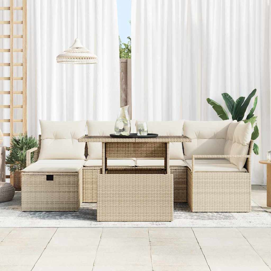 vidaXL 7-delige tuinbankset met kussens in beige poly rattan