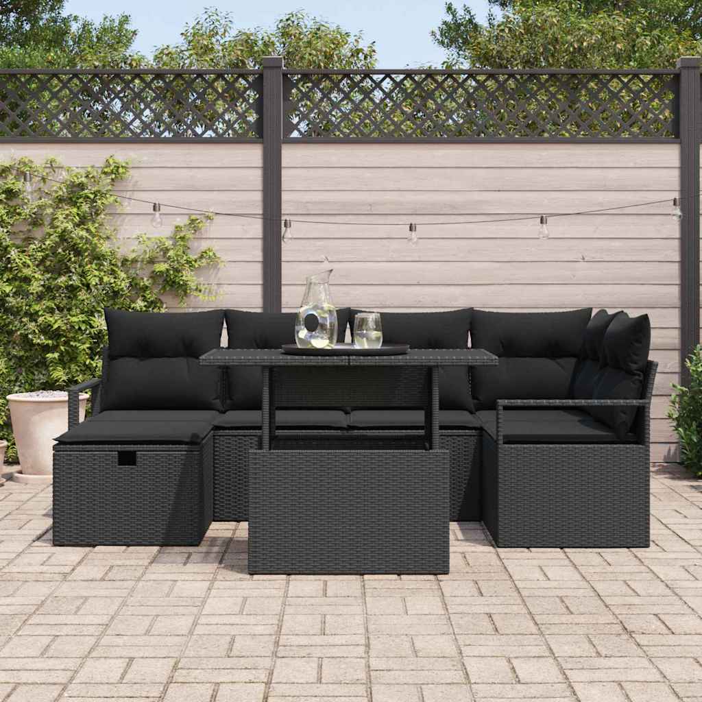 vidaXL 7-delige tuinset met kussens - Zwart Poly rattan