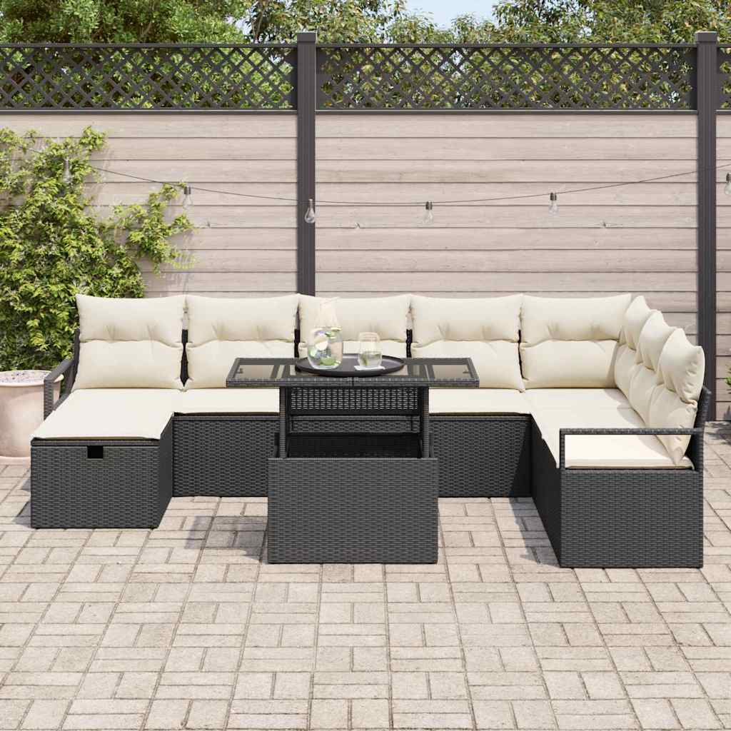 vidaXL 9-delige Tuinbankenset met kussens poly rattan zwart