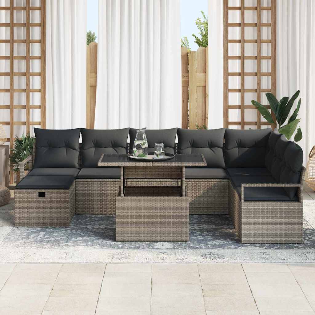 vidaXL 9-delige Tuinbankenset met kussens poly rattan grijs