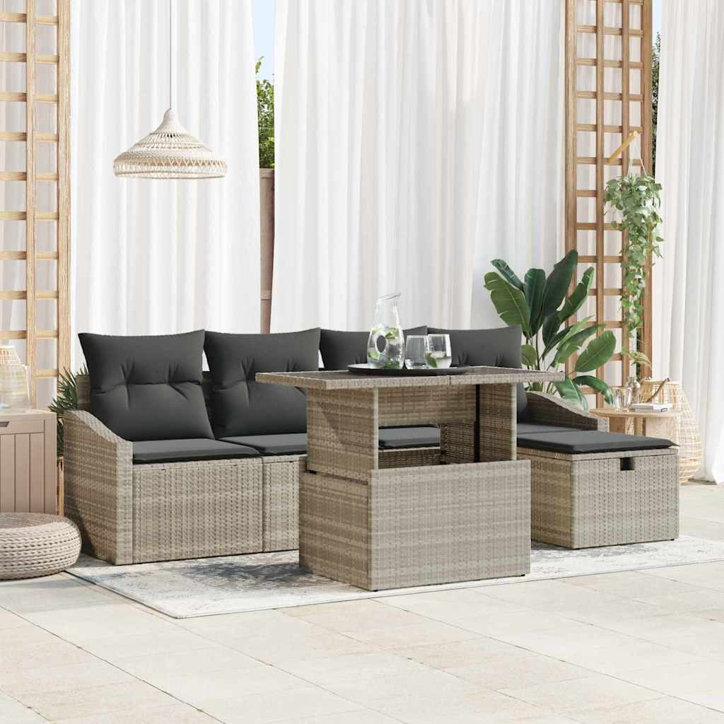 6 Piece Garden Sofa Set with Cushions Light Grey Poly Rattan