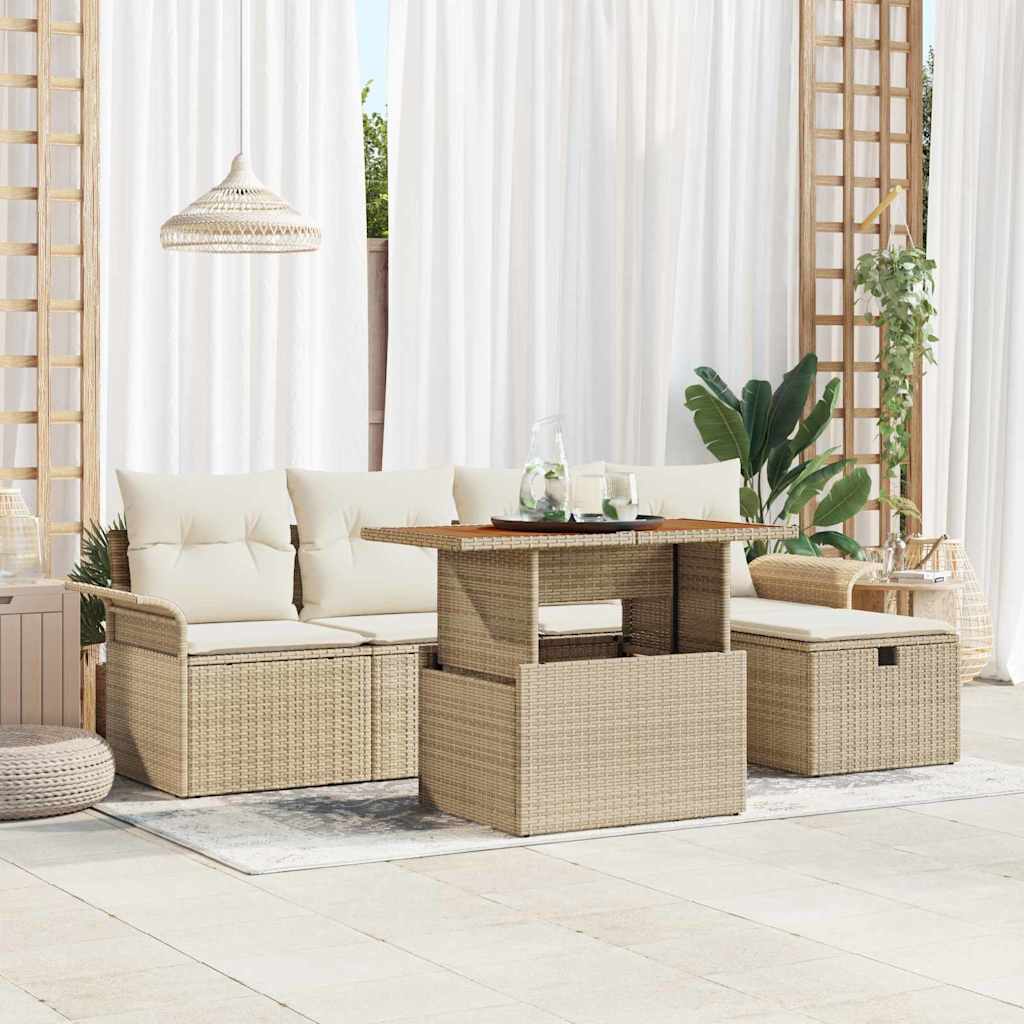 vidaXL 6tlg. Garten-Sofa-Set mit Kissen, beige Poly-Rattan