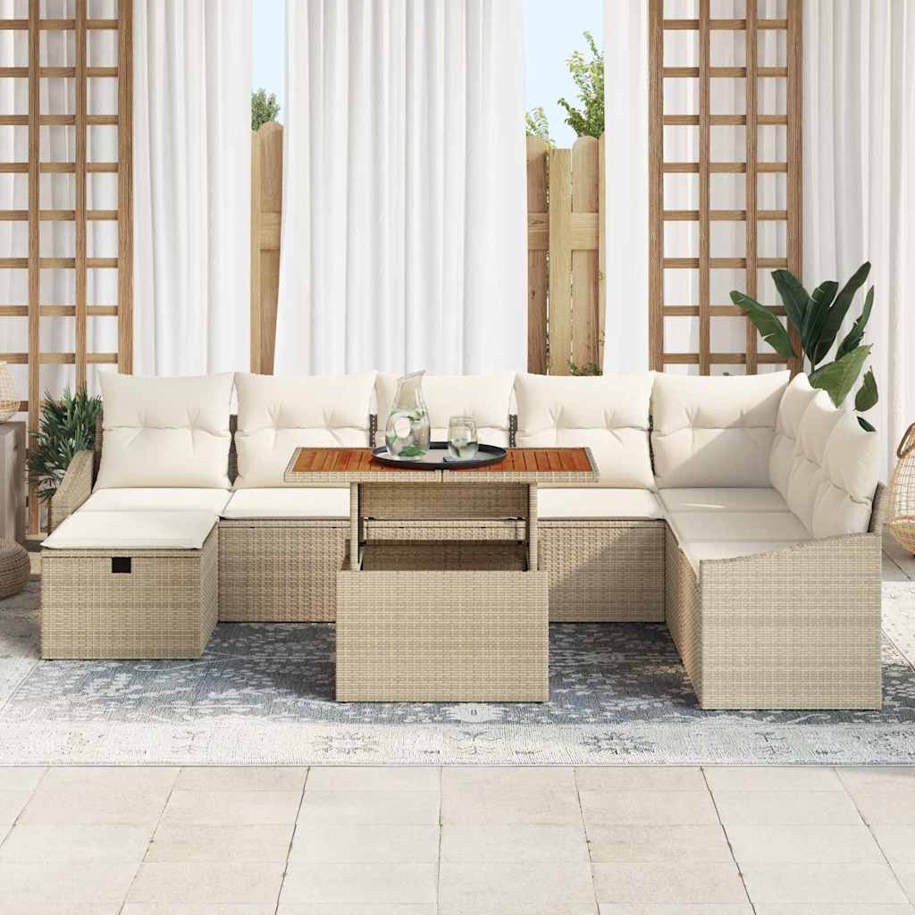 vidaXL 9-delige tuinbankset met kussens in beige poly rattan
