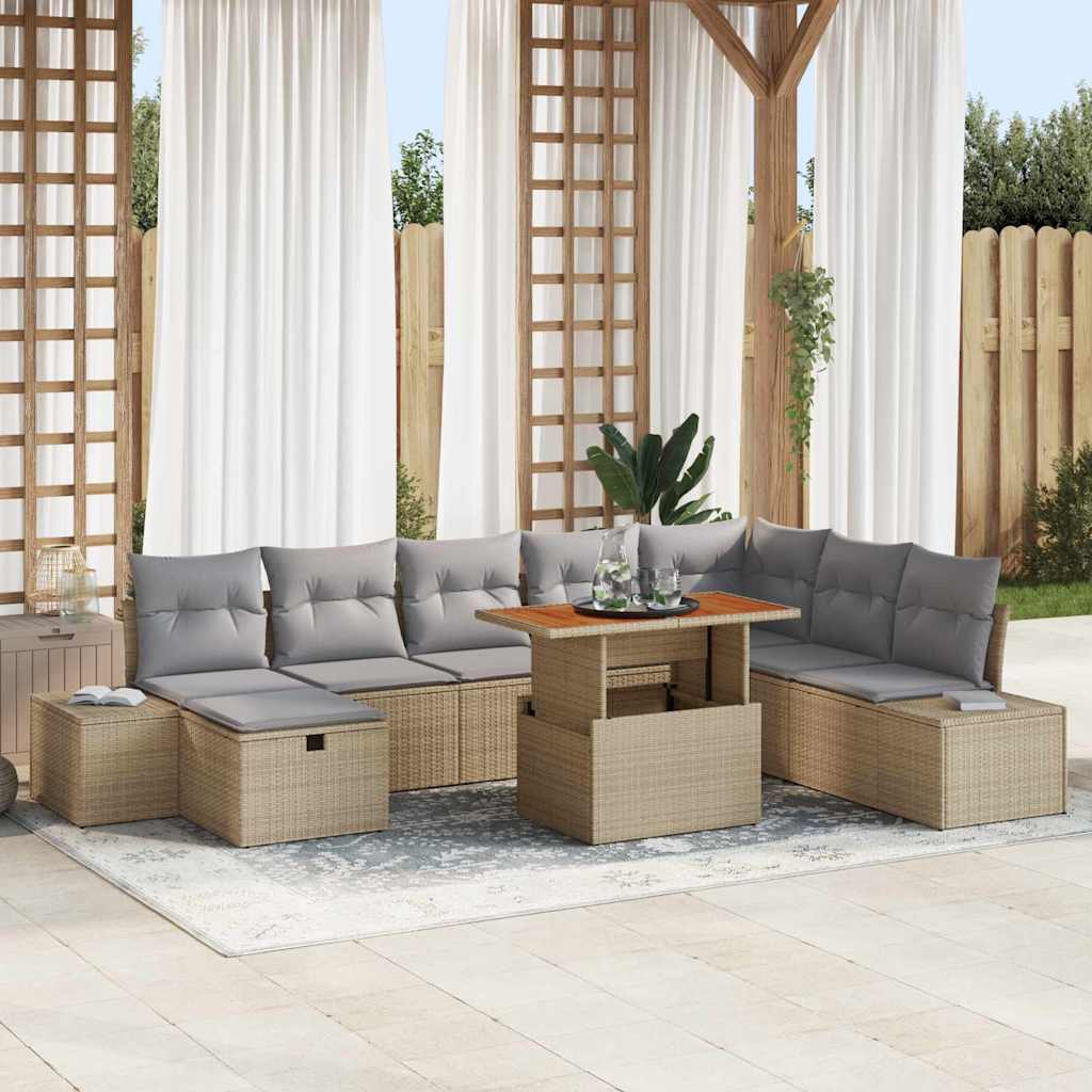 9-Personers Have Spise Sæt med Puder Beige Poly Rattan Acacia
