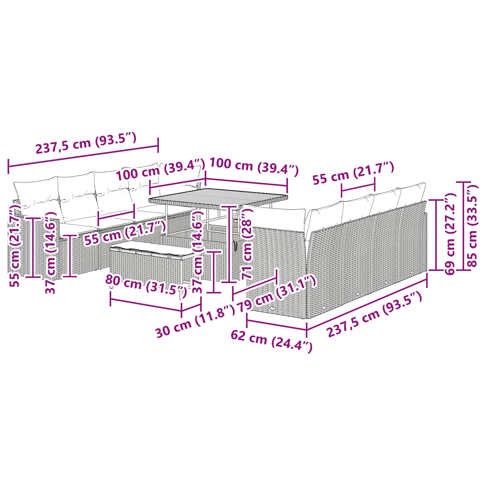 11-delt havemøbelsæt med puder Sort Poly Rattan Akacie, vidaXL 3-delt havemadssæt med puder Sort Poly Rattan Akacie 10 8721288417138 wbg