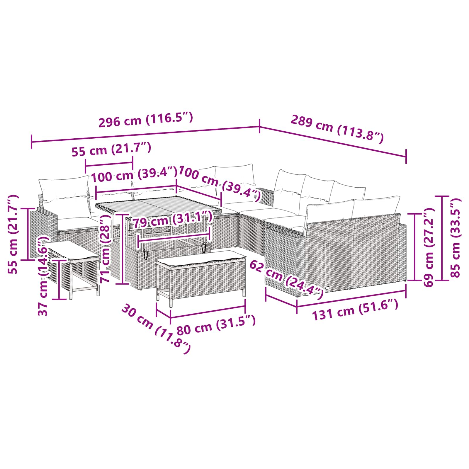 13 delers have sofa sæt med puder Sort poly rattan Akacietræ, vidaXL 3 delers have spisesæt med puder Sort poly rattan Akacietræ 9 8721288417831 wbg