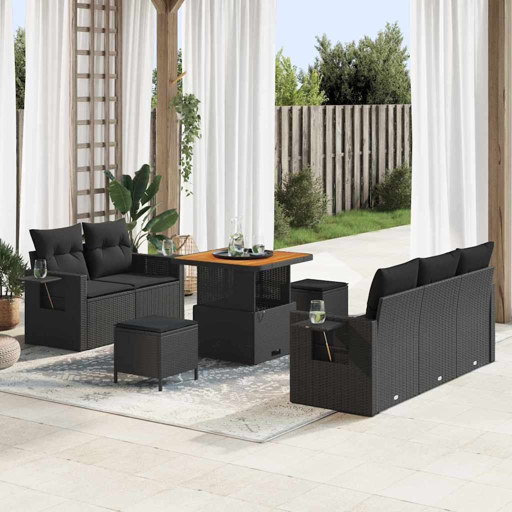 8 Piece Garden Sofa Set with Cushions Black Poly Rattan Acacia