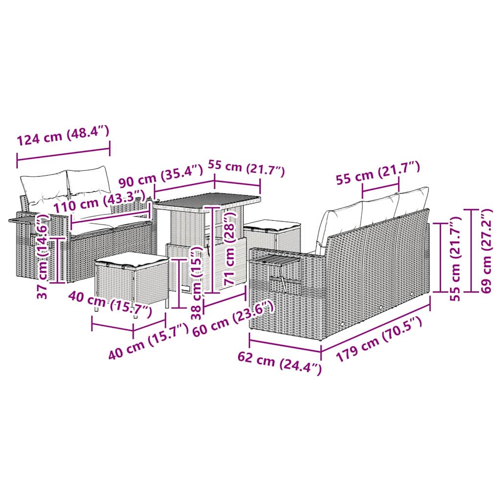 Vrtna sedežna garnitura z blazino 8 pcs Bež poli ratan - slika 13