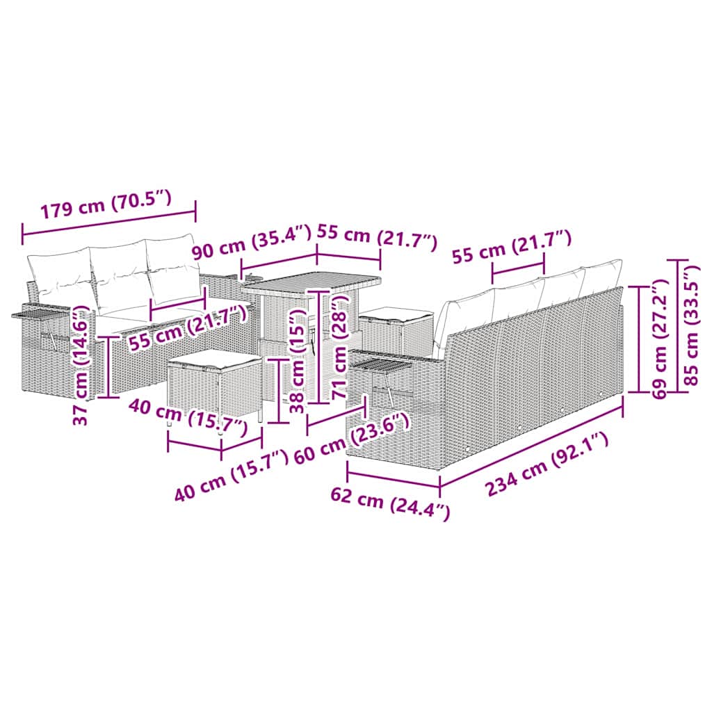 Vrtna sedežna garnitura 10 pcs Siva poli ratan - slika 13