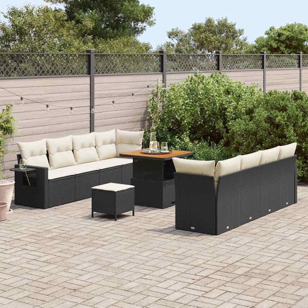 vidaXL 11-delige tuinset met kussens in zwart van poly rattan en acaciahout