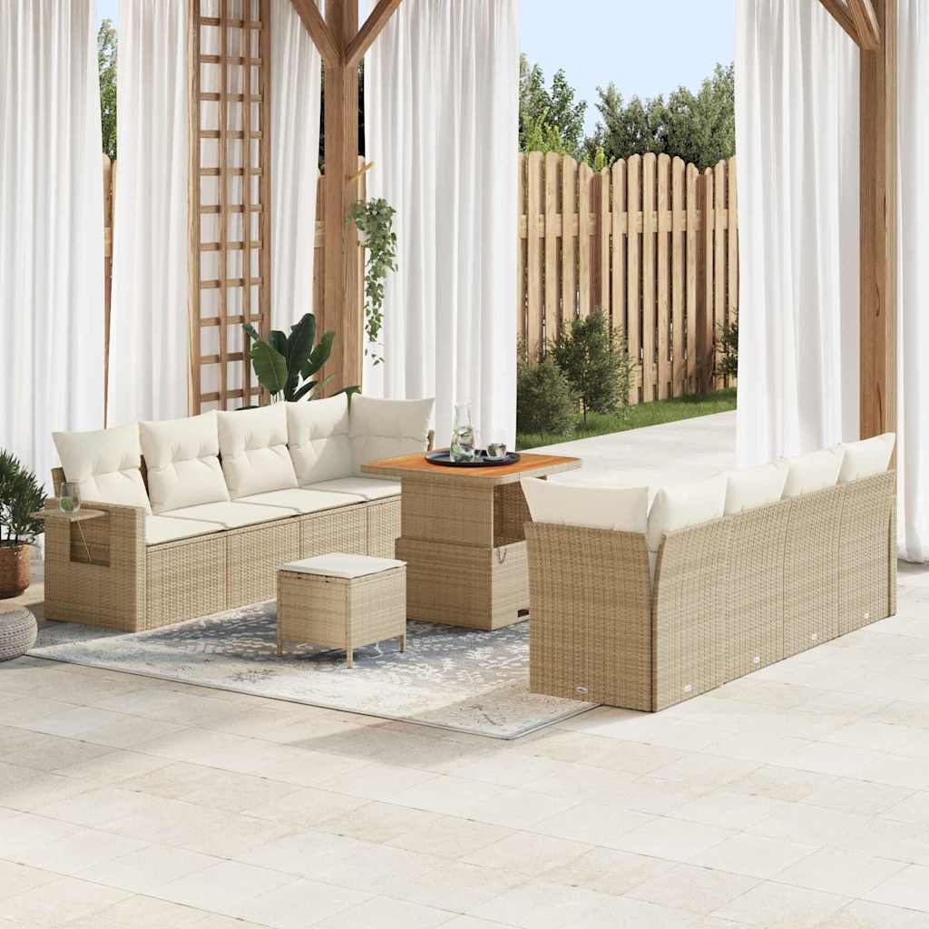 11 Deles Have Sofa Sæt med Puder Beige Poly Rattan Akacie, vidaXL 3 Deles Have Spisestel med Puder Beige Poly Rattan Akacie