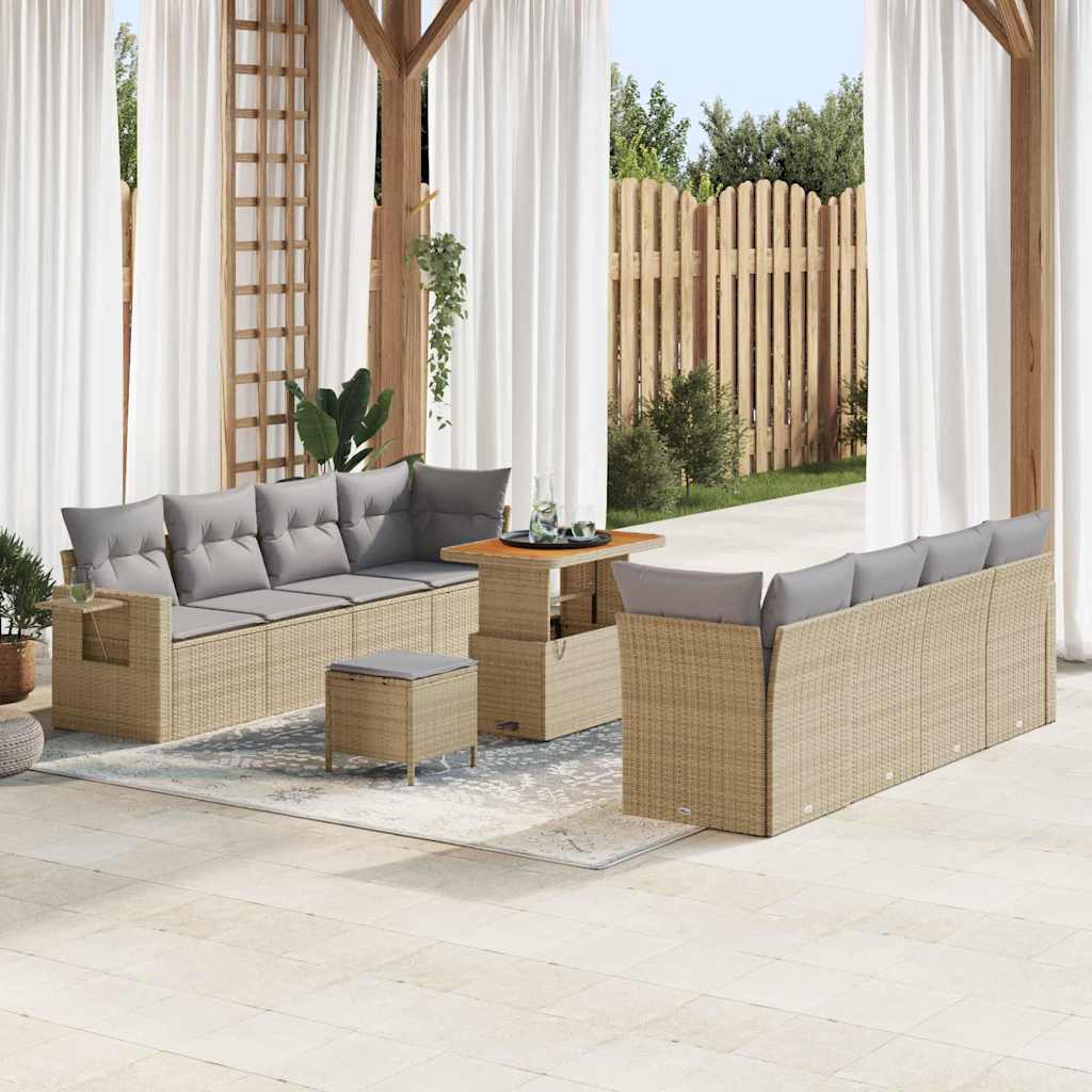 11 Stykker Have Sofa Sæt med Puder Beige Poly Rattan Akacietræ, vidaXL 3 Stykker Have Spisestue Sæt med Puder Beige Poly Rattan Akacietræ