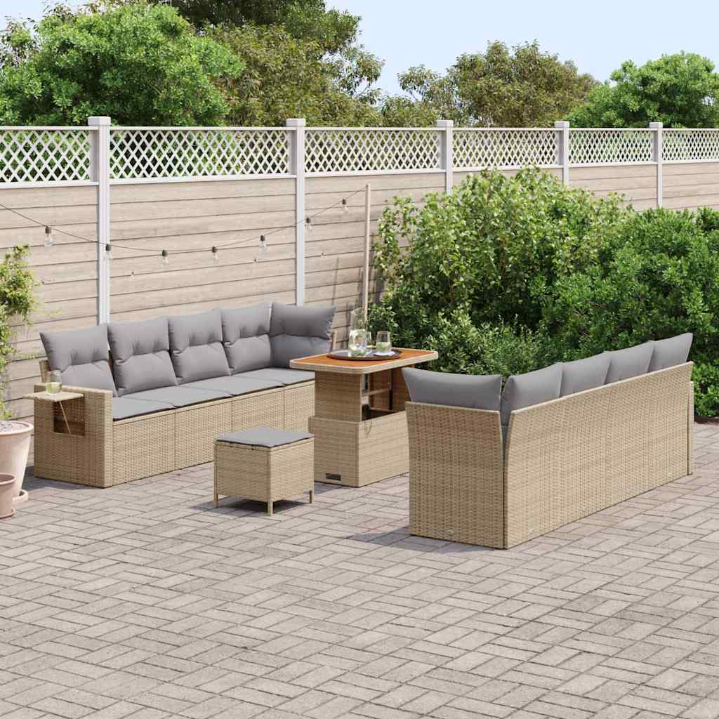vidaXL 11-delige tuinset met kussens in beige poly rattan en acacia