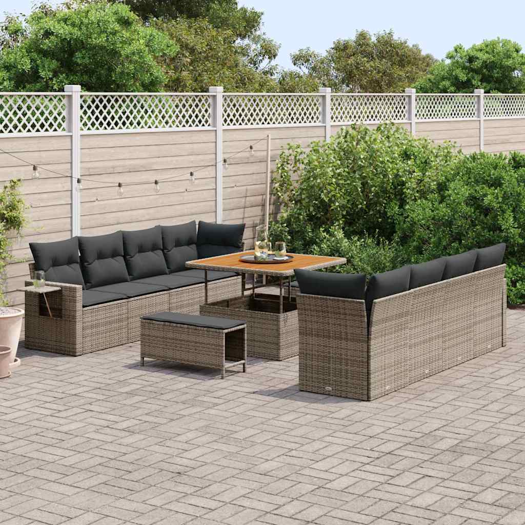 11 Deles Have Sofa Sæt med Puder Grå Polyrattan Akacie, vidaXL 3 Deles Have Spise Sæt med Puder Grå Polyrattan Akacie