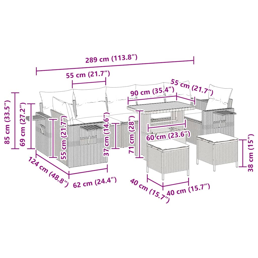 Vrtna sedežna garnitura z blazino 10 pcs Bež poli ratan - slika 13