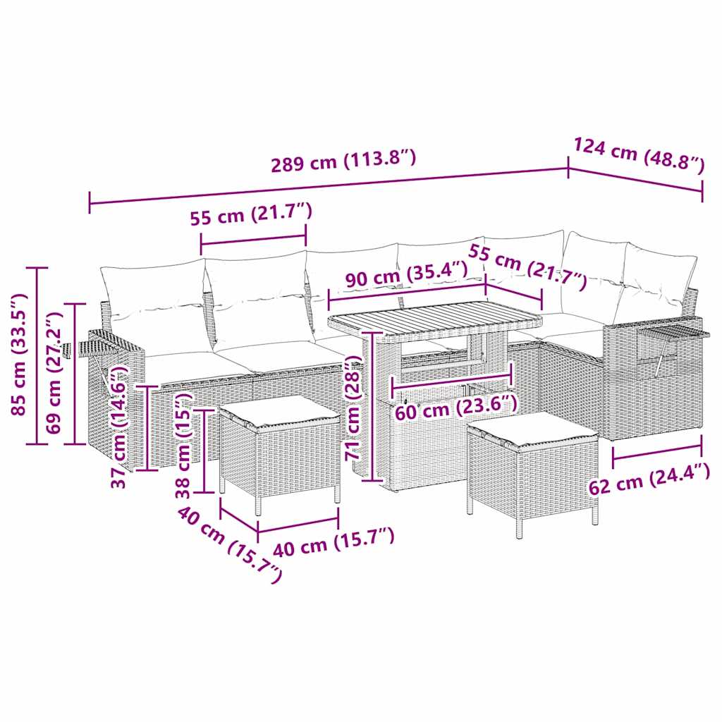 Sada zahradních pohovek 9 pcs Béžová polyratan - obrázek 15