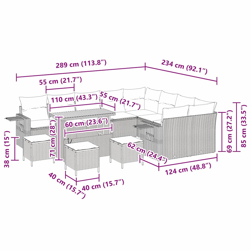 Sada zahradních pohovek 13 pcs Šedá polyratan - obrázek 15