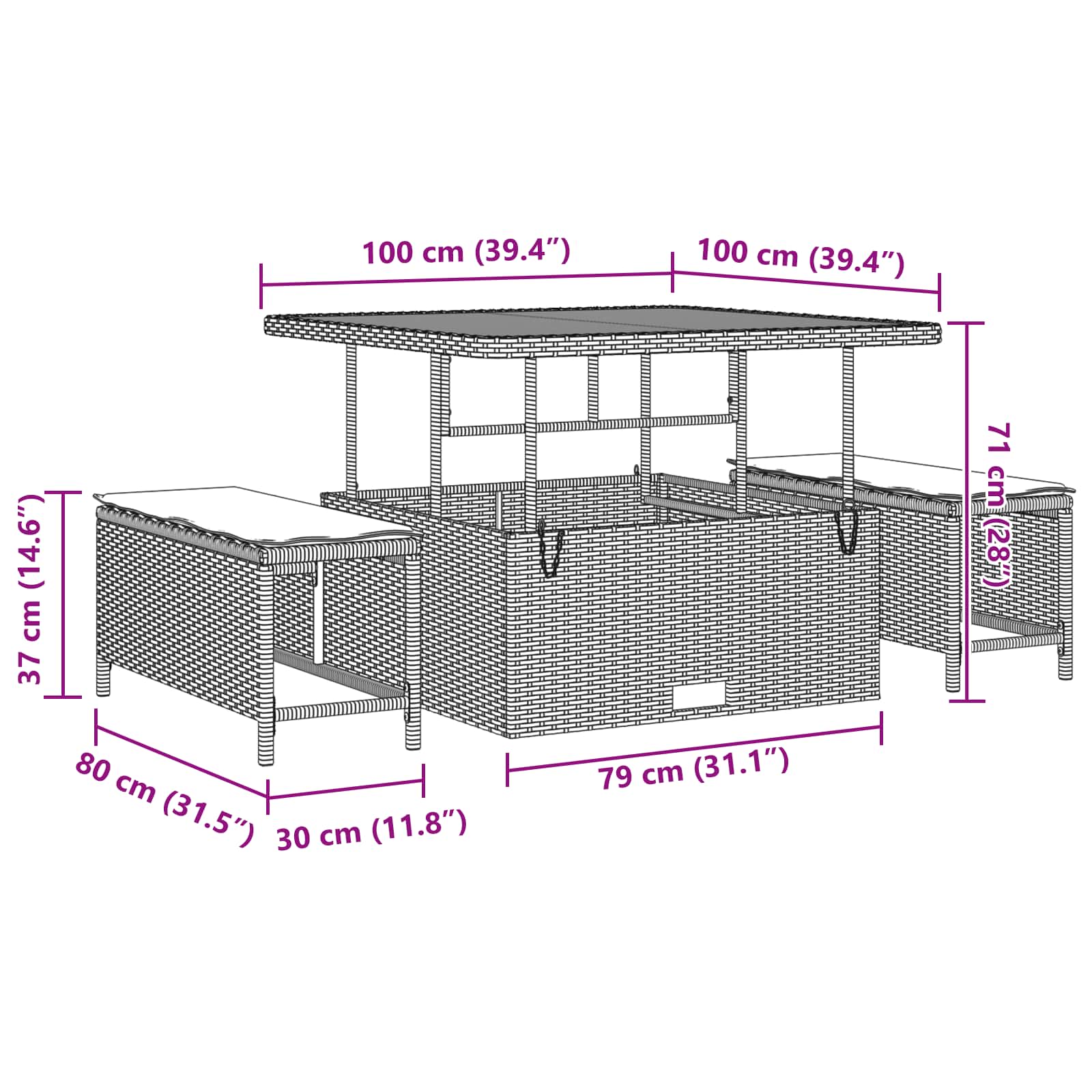 12 Delers havemøbelsofa med puder sort poly rattan akacia, vidaXL 3 Delers have spisebordssæt med puder sort poly rattan akacia 10 8721288420237 wbg