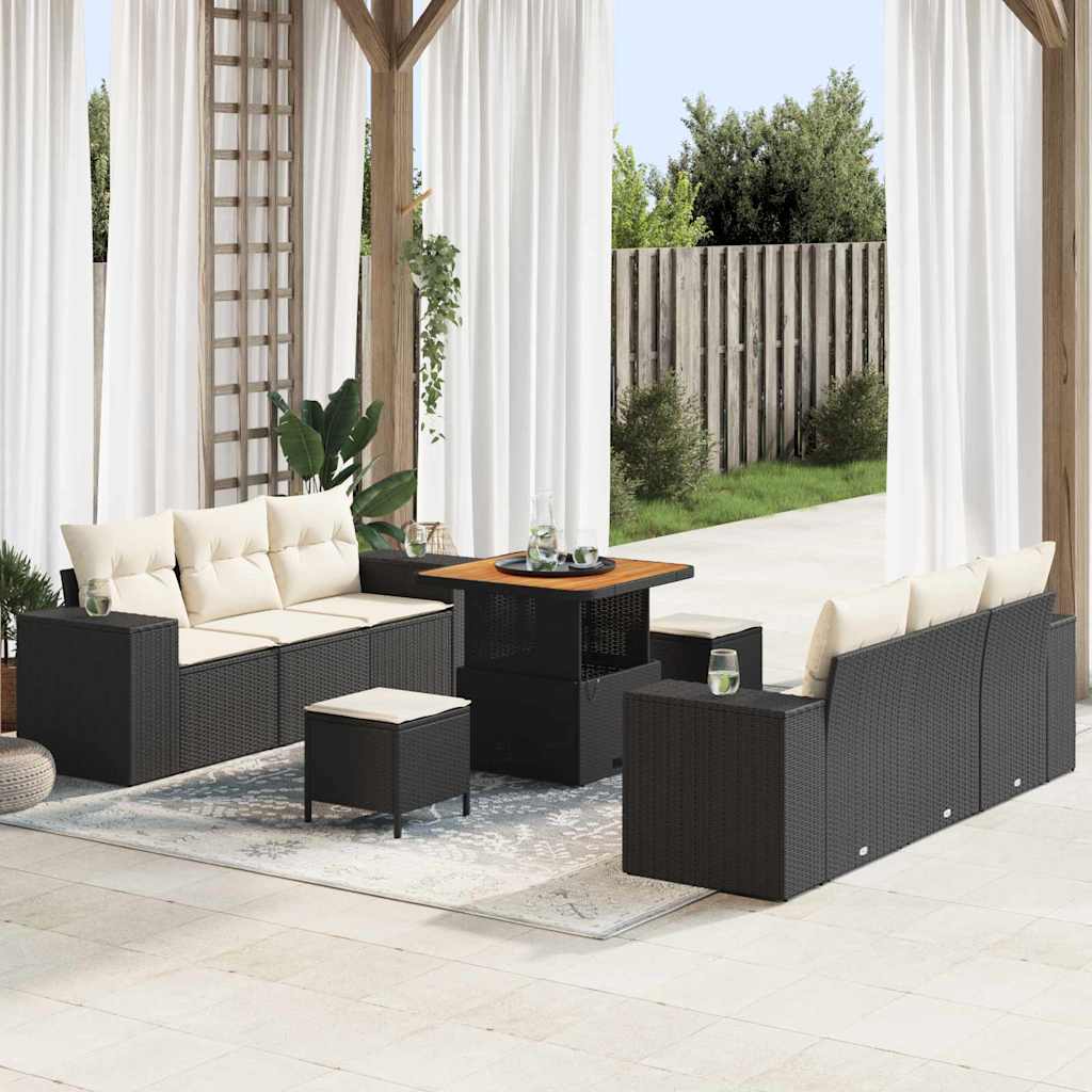 9 Stykker Havemøbelsæt med Hynder Sort Poly Rattan Akacie, vidaXL 3 Stykker Havemøbel Dining Set med Hynder Sort Poly Rattan Akacie