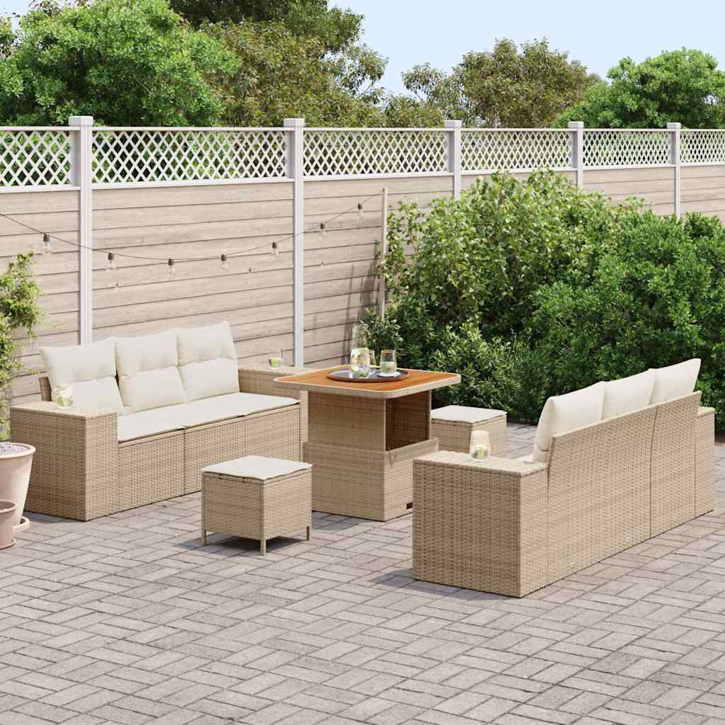 vidaXL 9-delige tuinsofa set met kussens in beige, van poly riet en acacia.