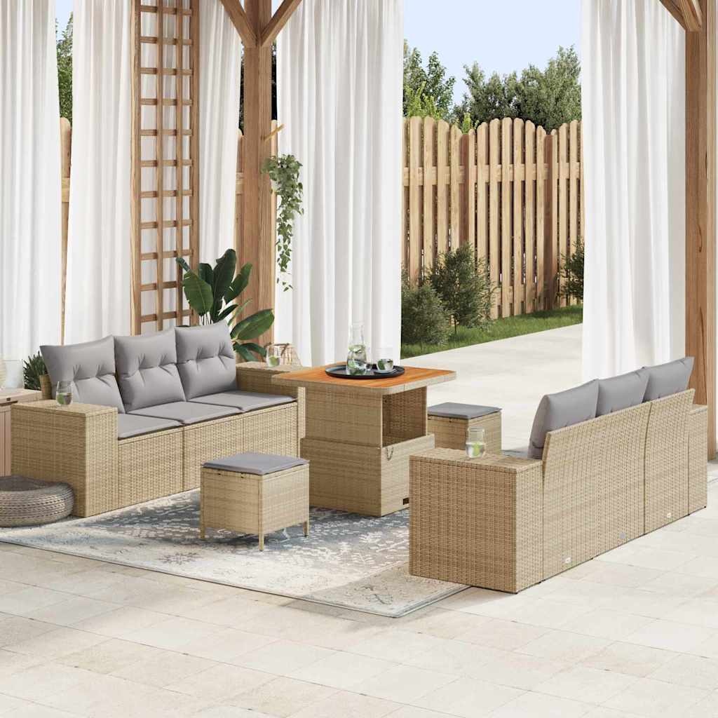 9 Stykke Have Sofa Sæt med Hynder Beige Poly Rattan Akacie, vidaXL 3 Stykke Have Spise Sæt med Hynder Beige Poly Rattan Akacie
