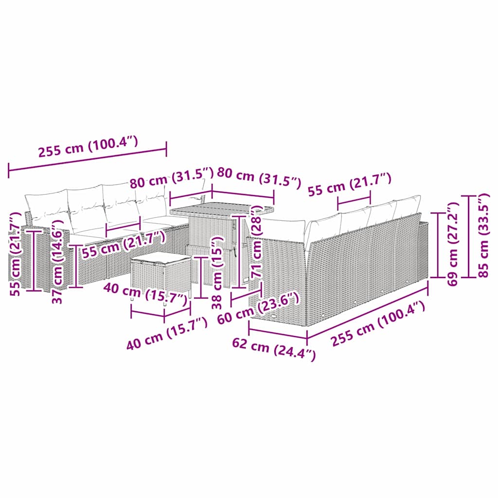 Sada zahradních pohovek s polštářem 11 pcs Černá polyratan - obrázek 14