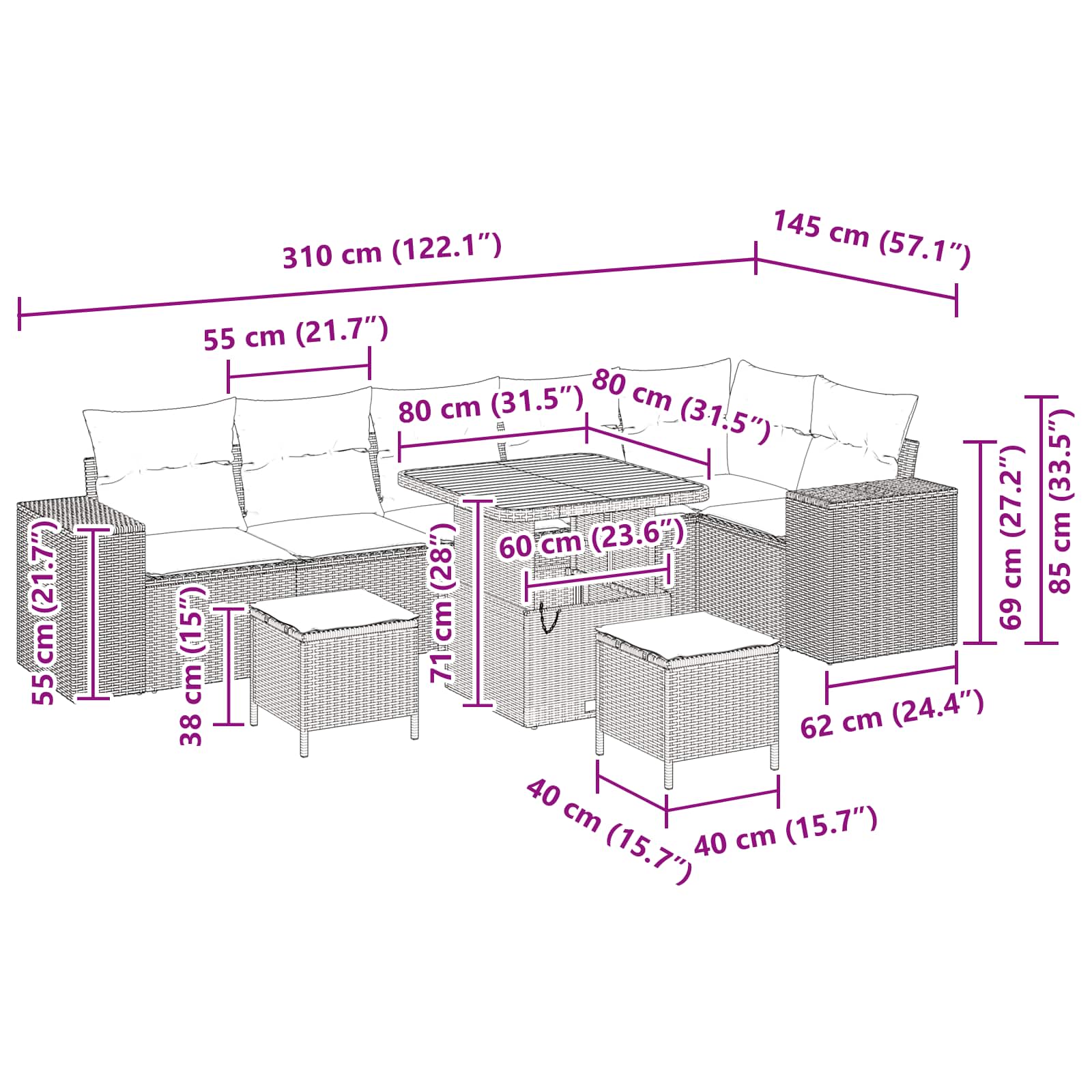 9-delt havemøbelsæt med puder sort poly rattan, vidaXL 3-delt havemøbelspisesæt med puder sort poly rattan 8 8721288421388 wbg