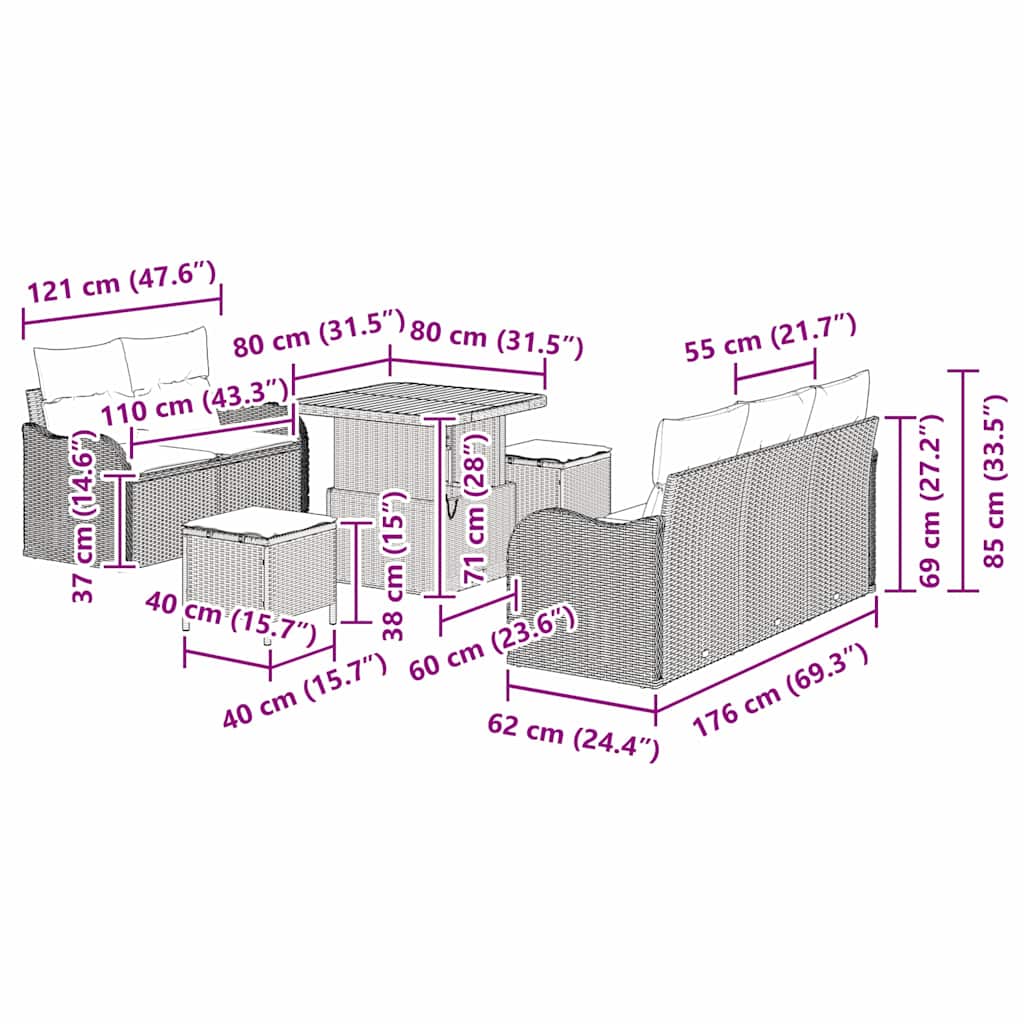 Vrtna sedežna garnitura z blazino 8 pcs Siva poli ratan - slika 11