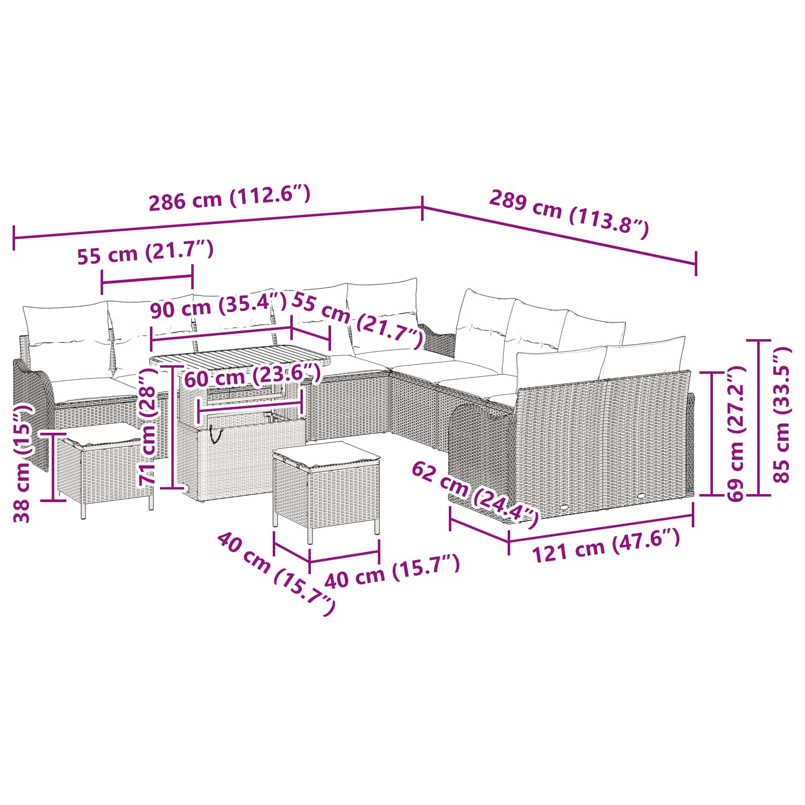 13-delt Havemøbel Sæt med Puder Grå Polyrattan Akacia, vidaXL 2-personers Havemøbel med Puder Grå Polyrattan, vidaXL 3-delt Havemøbel Sæt med Puder Grå Polyrattan Akacia 9 8721288424471 wbg