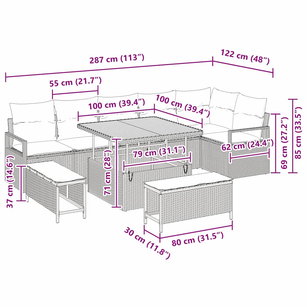 Sada zahradních pohovek s polštářem 9 pcs Béžová Poly ratan - obrázek 14