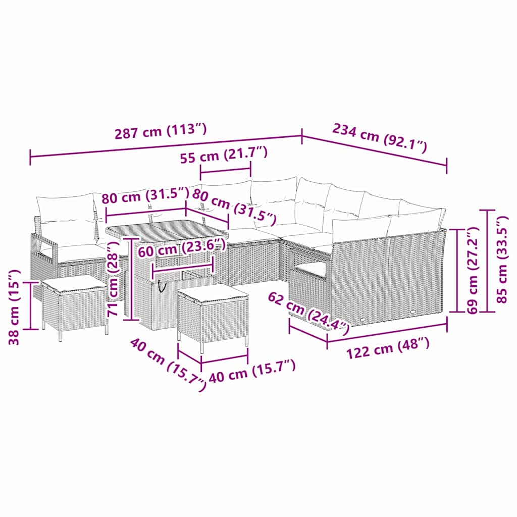 Sada zahradních pohovek s polštářem 12 pcs Černá polyratan - obrázek 14