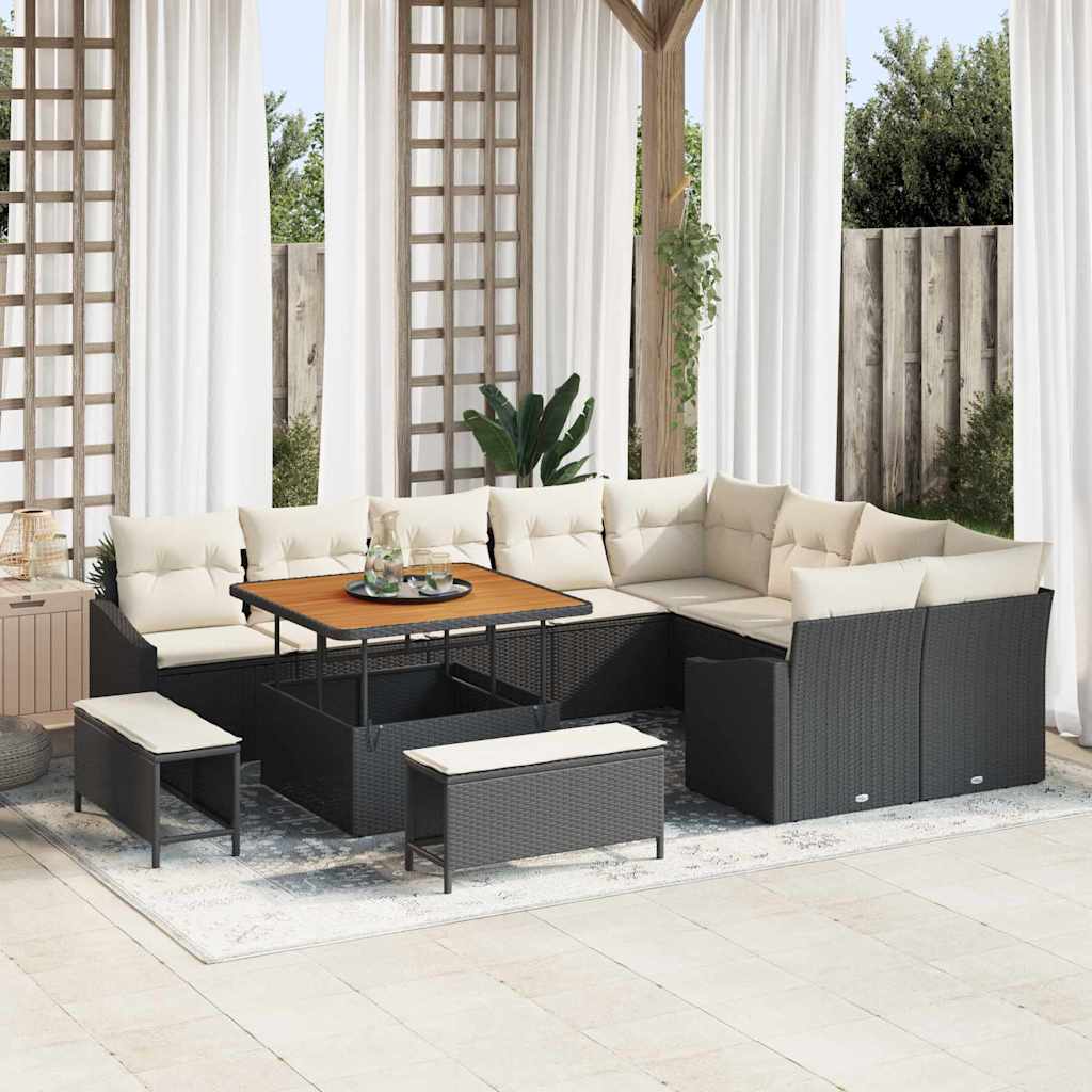 12 Piece Garden Sofa Set with Cushions Black Poly Rattan Acacia