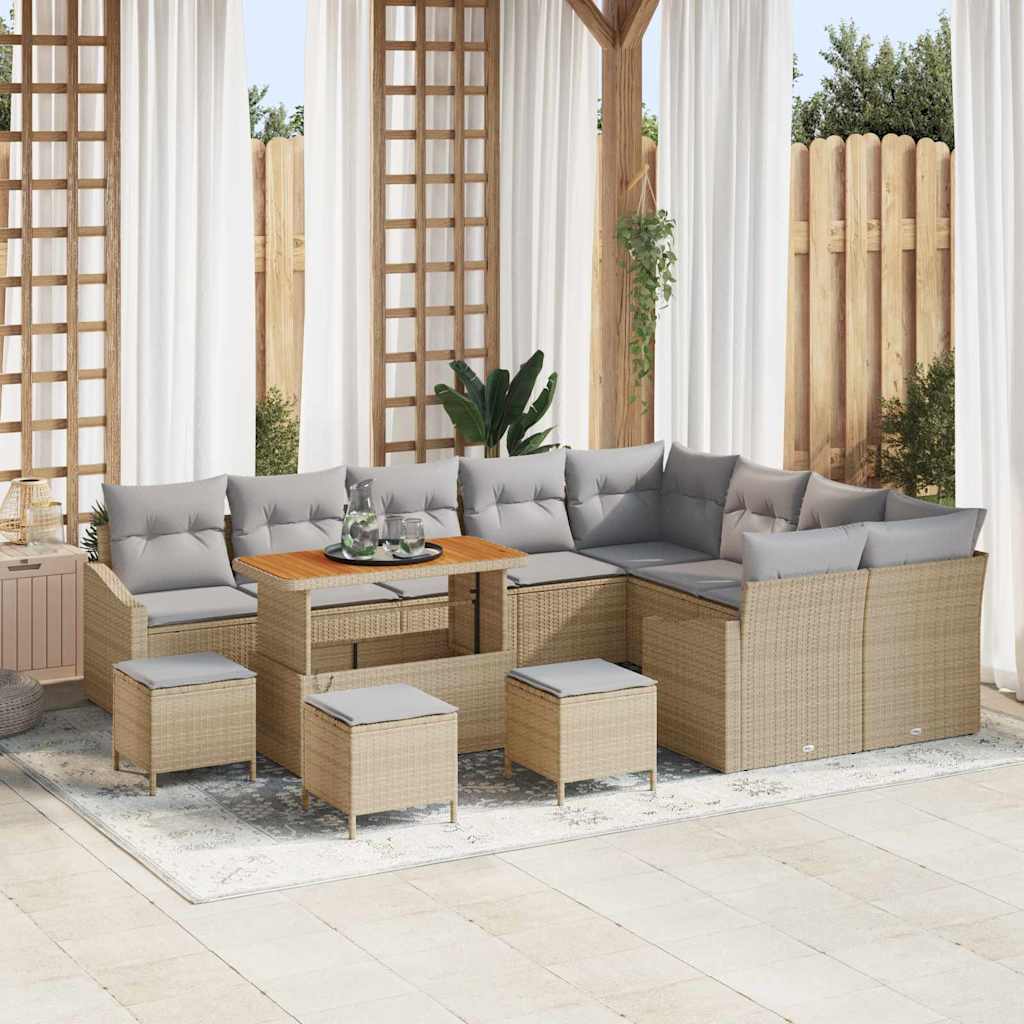 13 Piece Garden Sofa Set with Cushions Бежов Полиратан Акация