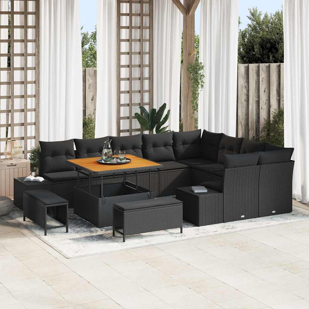 12 Styk Have Sofa Sæt med Puder Sort Poly Rattan Akacia
