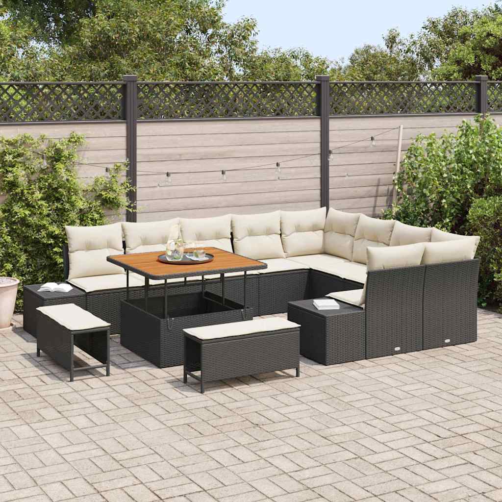 vidaXL 12-delige tuinsofa set met kussens, zwart poly rattan en acacia.