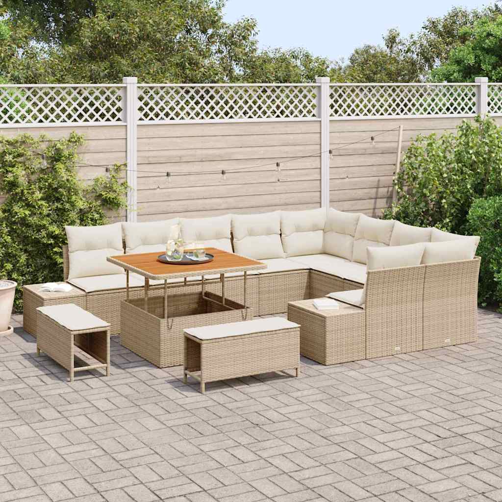 vidaXL 12-delige tuinsofa set met kussens in beige, van poly riet en acacia.