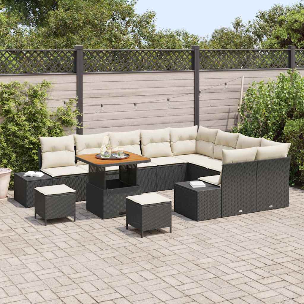 vidaXL 12-delige loungeset met kussens. Zwart poly rattan en acaciahout.