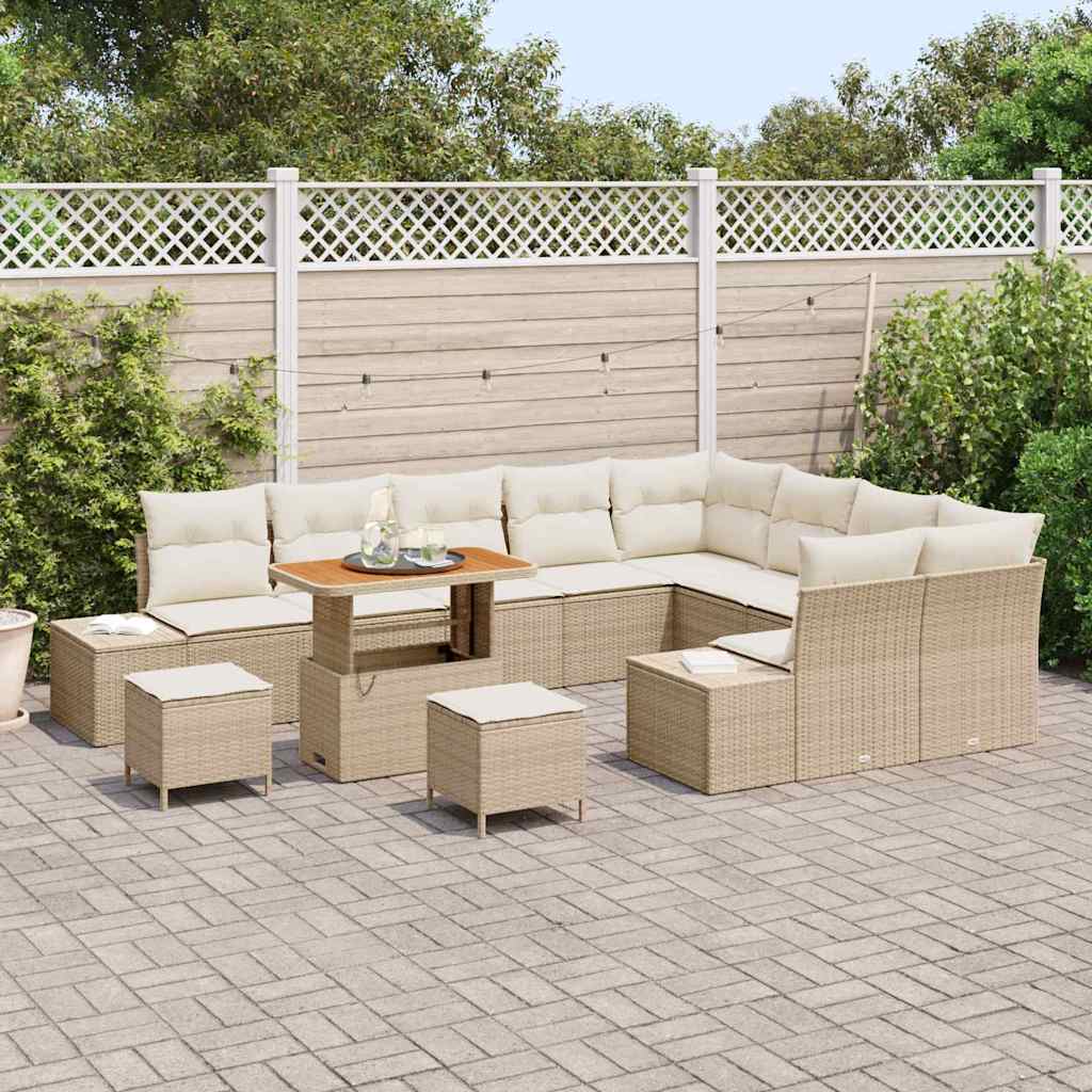 vidaXL 12-delige tuinbankset met kussens, van beige poly rattan en acacia.