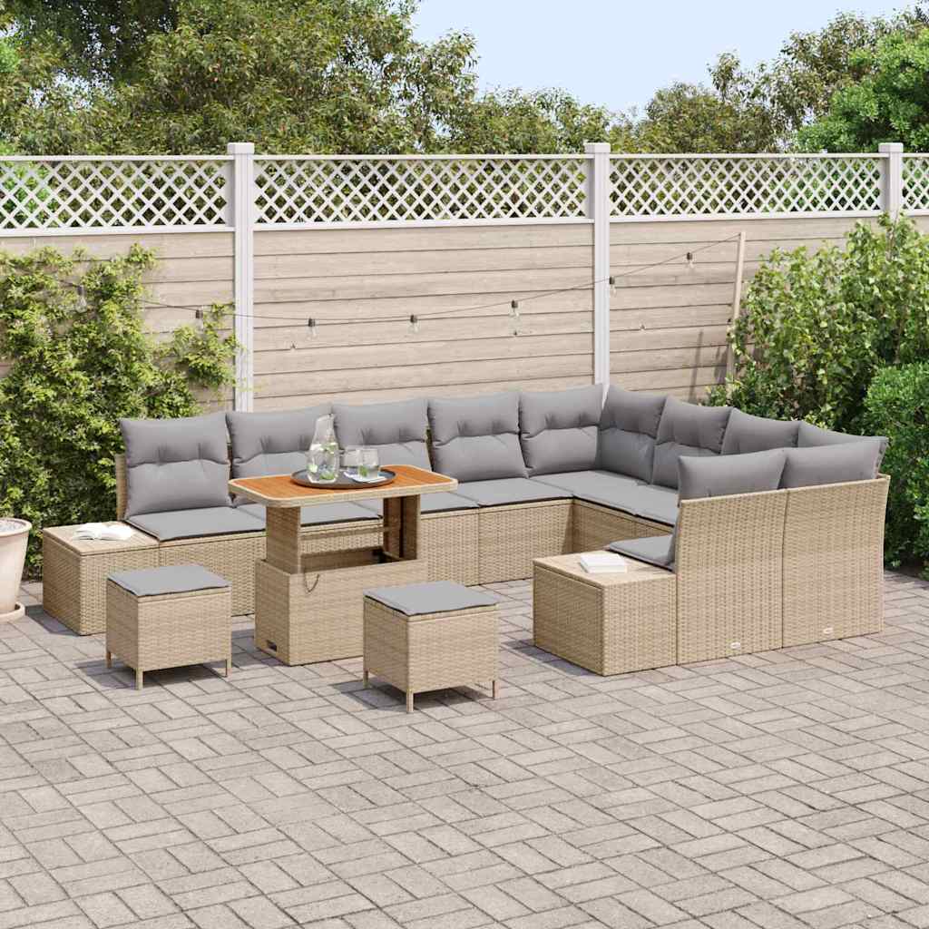 vidaXL 12-delige tuinbankset met kussens in beige, van poly rattan en acacia.