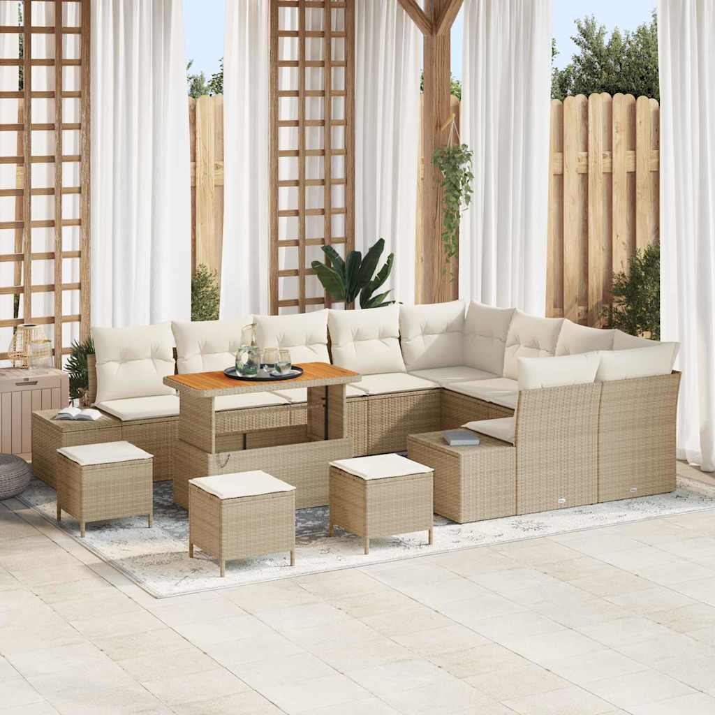 13 Delt Havemøbelsæt med Puder Beige Poly Rattan Akacia