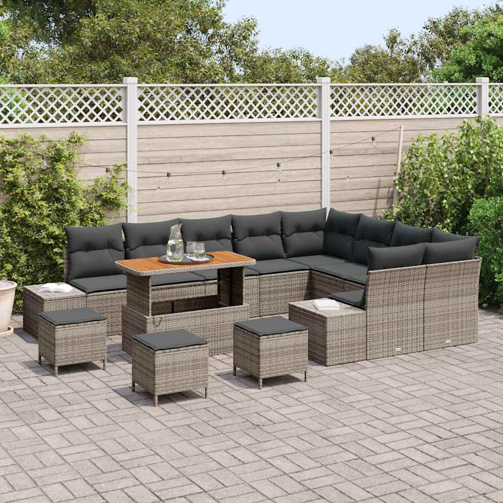 vidaXL 13-delig tuinbankstel met kussens in grijs poly rattan en acacia.
