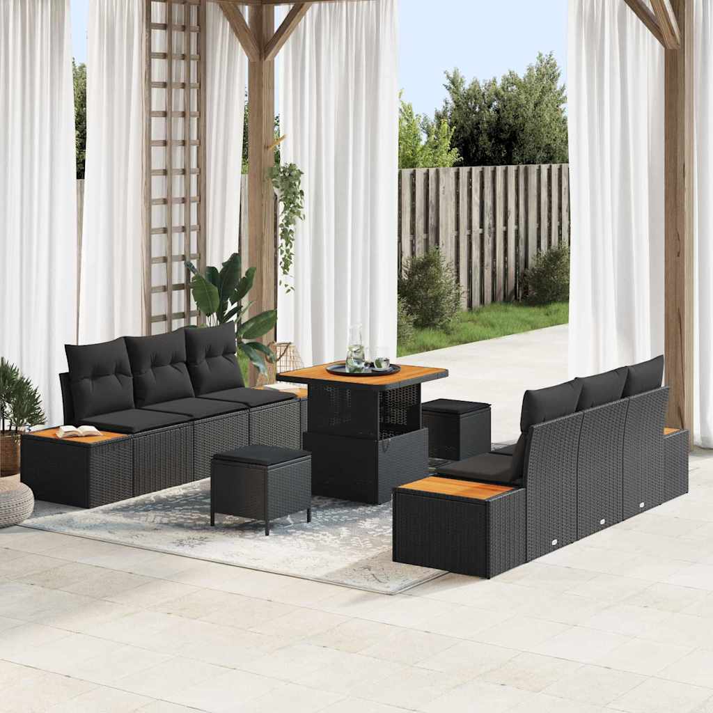 9 Piece Garden Sofa Set with Cushions Black Poly Rattan Acacia, vidaXL 3 Piece Garden Dining Set with Cushions Black Poly Rattan Acacia