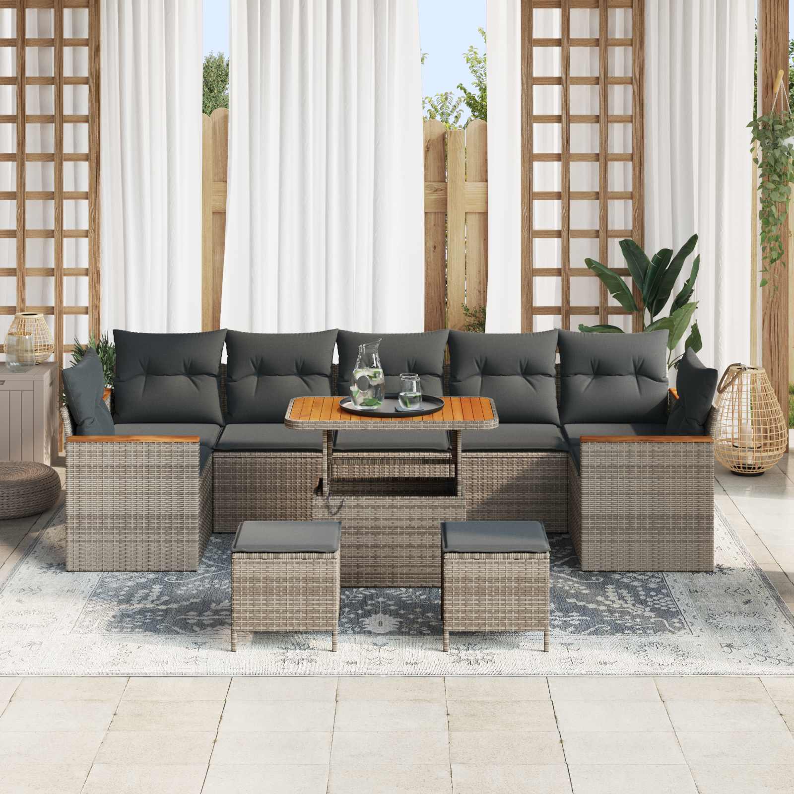 10-delige tuinbankset met kussens - grijs poly rattan en acacia - Afbeelding 3