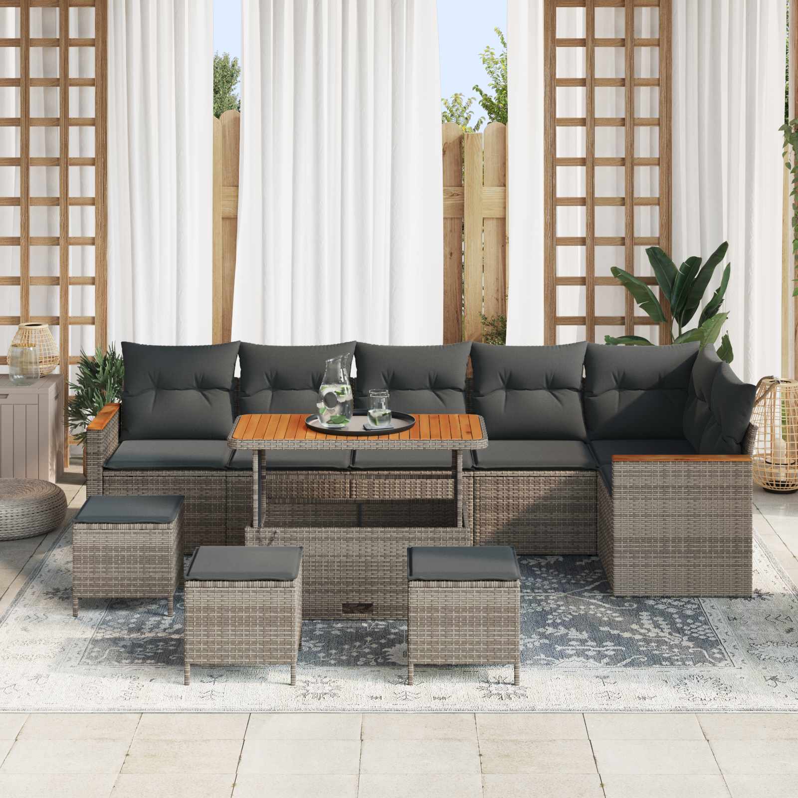 10-delige Tuinbankenset met kussens poly rattan acacia grijs - Afbeelding 3