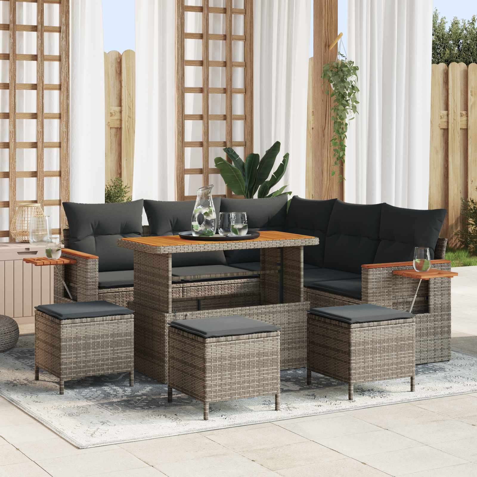 9-delige Tuinbankenset met kussens poly rattan acacia grijs