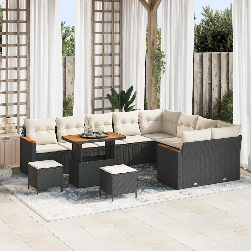 12 Piece Garden Sofa Set with Cushions Black Poly Rattan Acacia