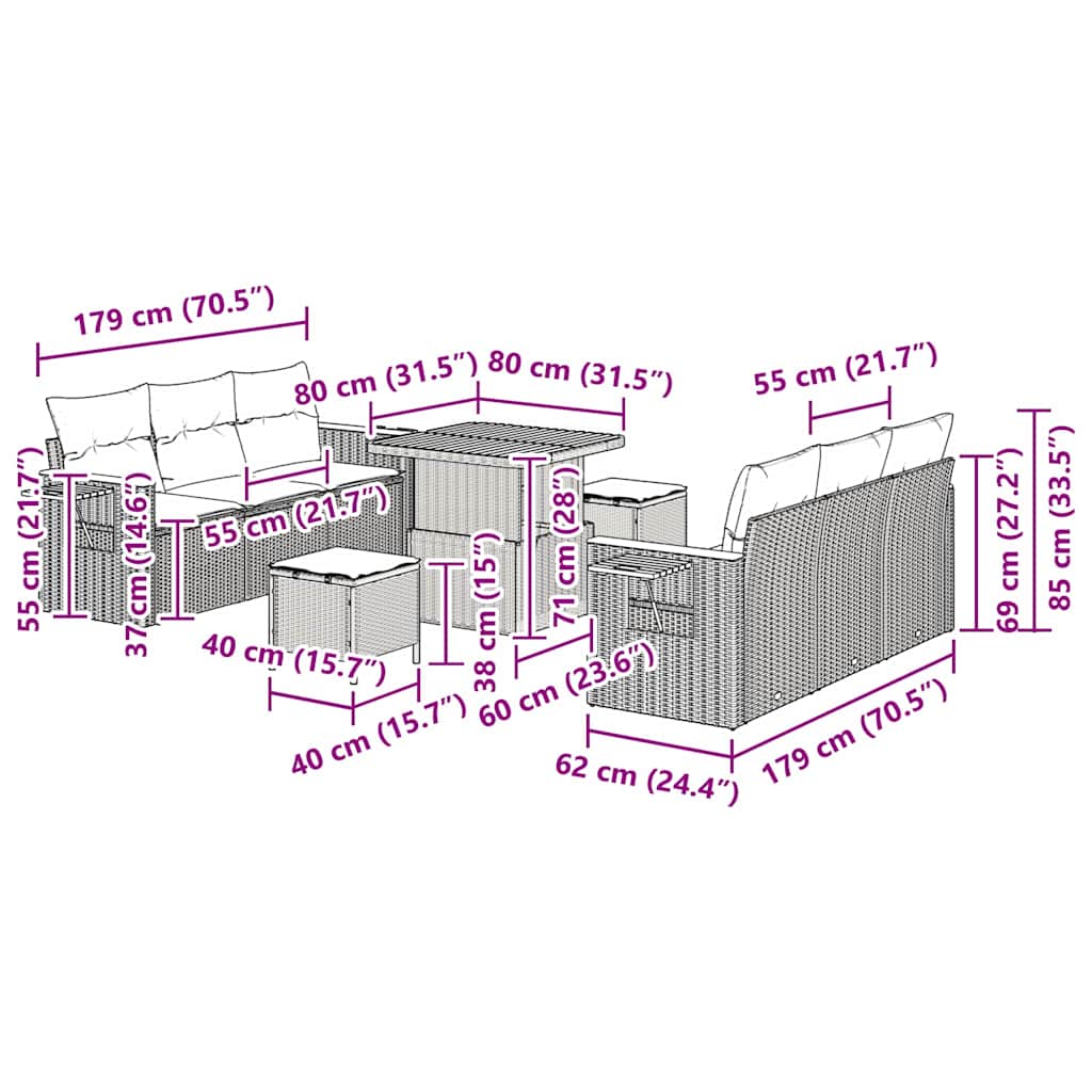 Vrtna sedežna garnitura z blazino 9 pcs Črna in krem - slika 13