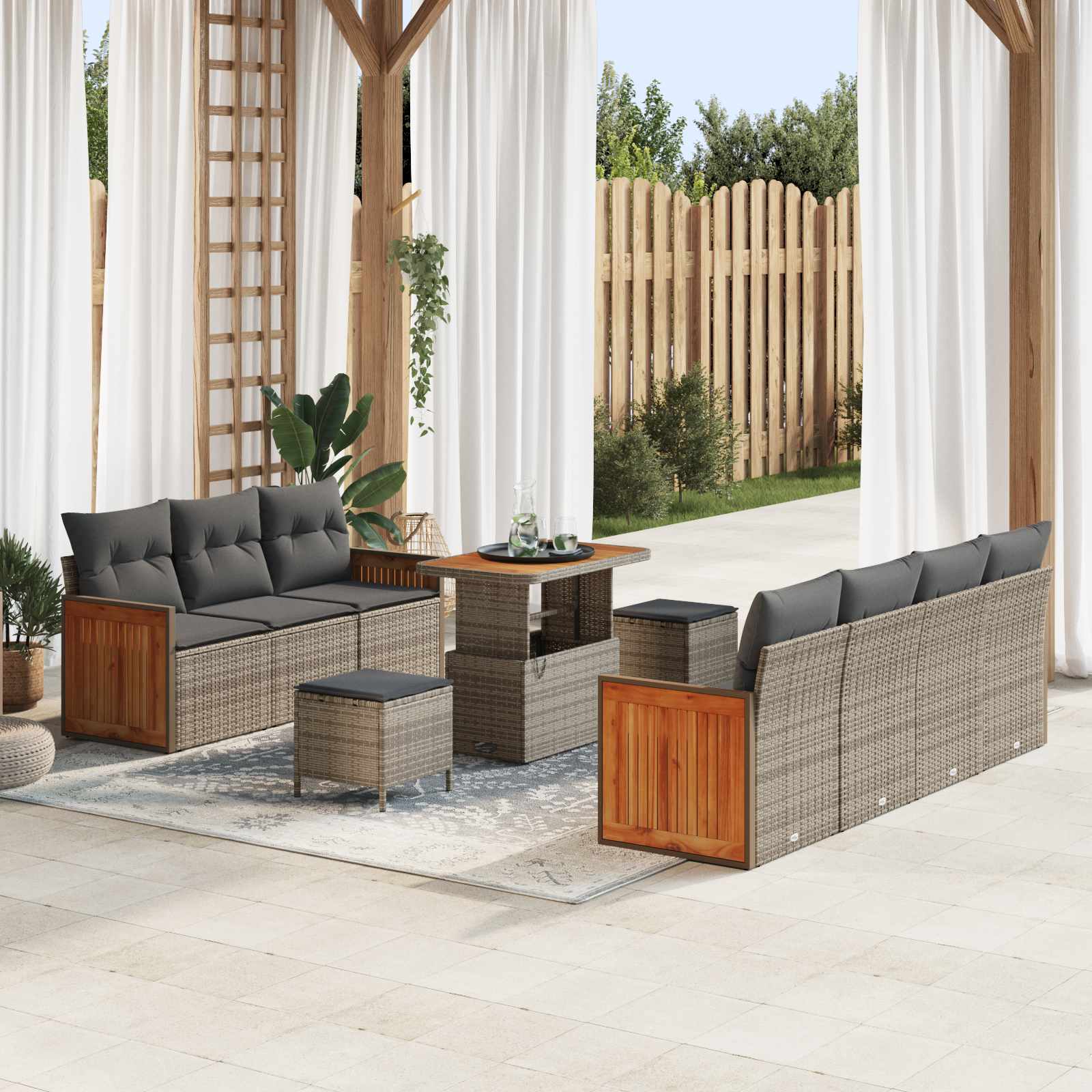 Tuinbankenset 10 pcs Grijs Poly rattan en gepoedercoat staal