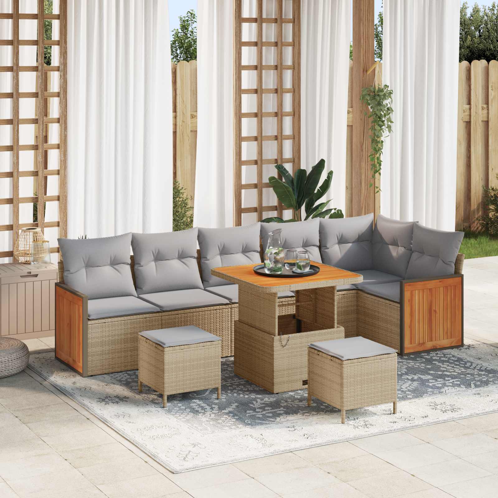 vidaXL Vrtna sedežna garnitura z blazino 9 pcs Bež in svetlo siva